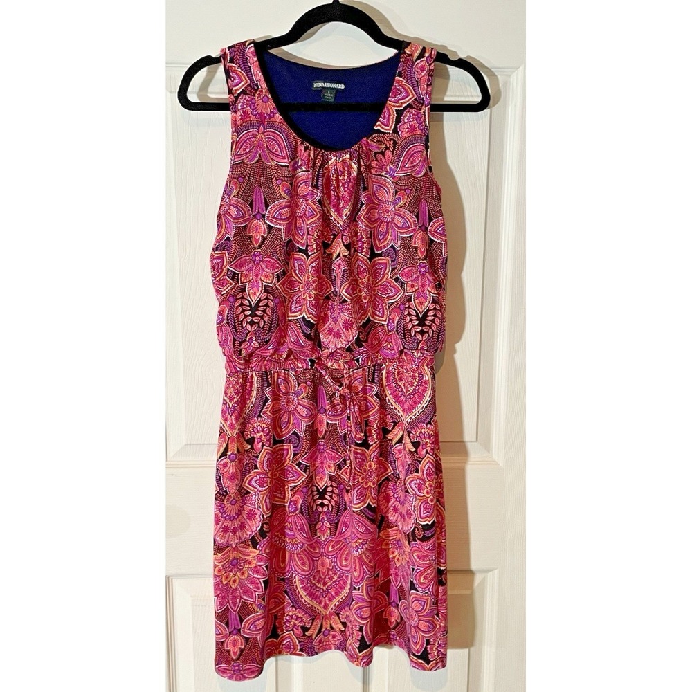 Small Sleeveless Floral Dress Pink and Navy Drawstring Waist Whimsical Romantic